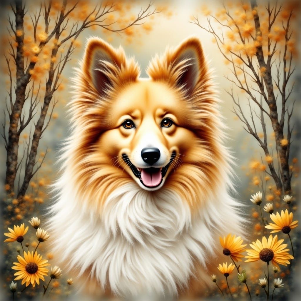 Surreal Lemon Collie Illustration in Antique Watercolor Styl...