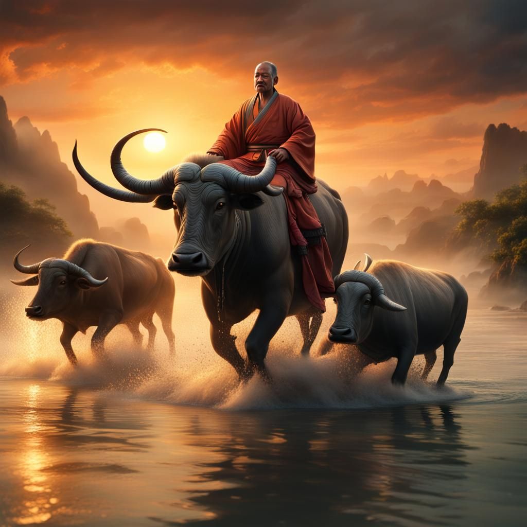 Ancient Chinese Sage Rides Buffalo Into Sunset