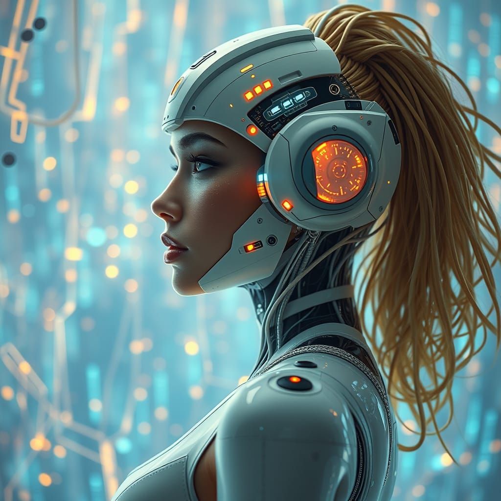 Cybernetic Woman in Chaotic AI Realm: 8K Art
