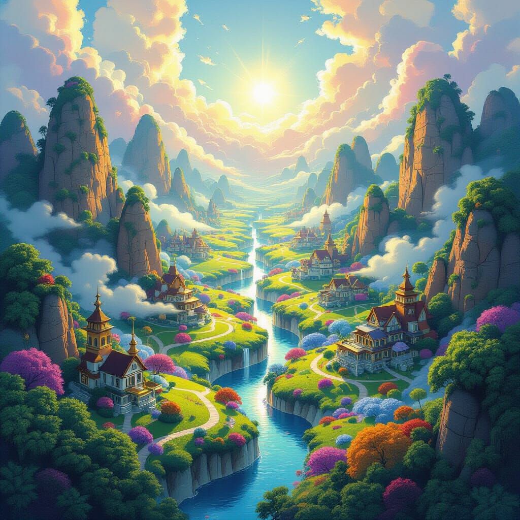 Whimsical Bird's Eye View of Magical Landscape
