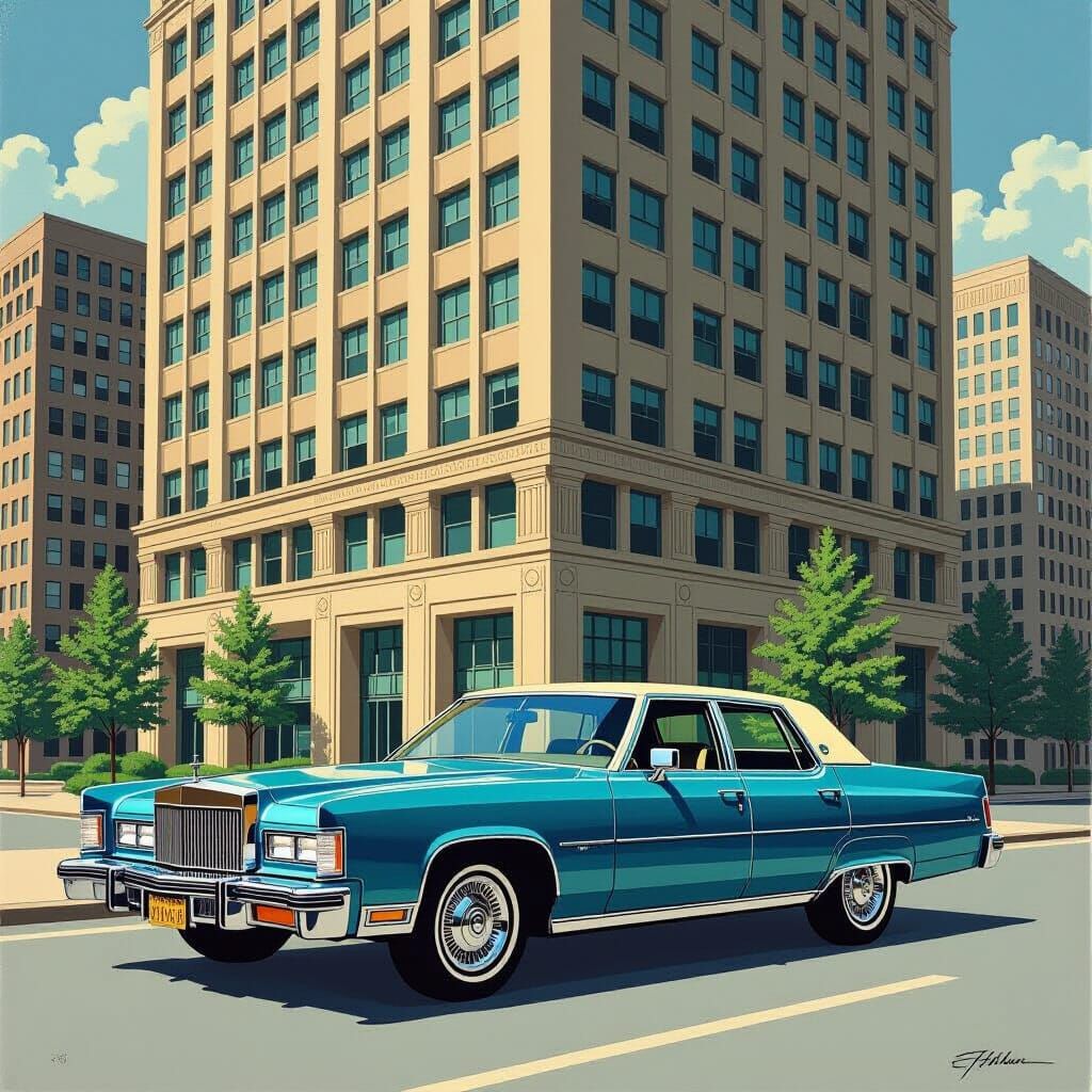 1975 Luxury Sedan Outside Office Building, Photorealist Styl...