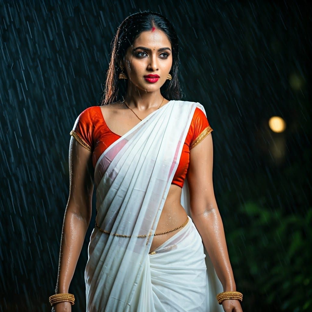 Indian Model in Wet Saree: Ethereal Rain Portrait