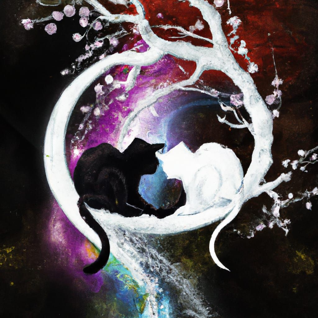 Cats Snuggling Under Blossoms: Fantasy Concept Art