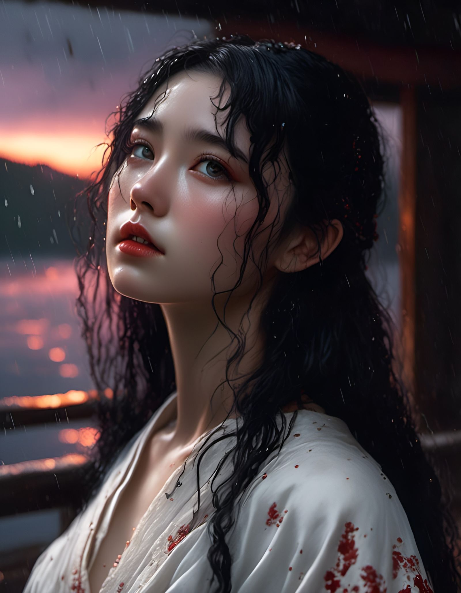 Rain Soaked Japanese Girl Portrait in Hyperdetailed Style