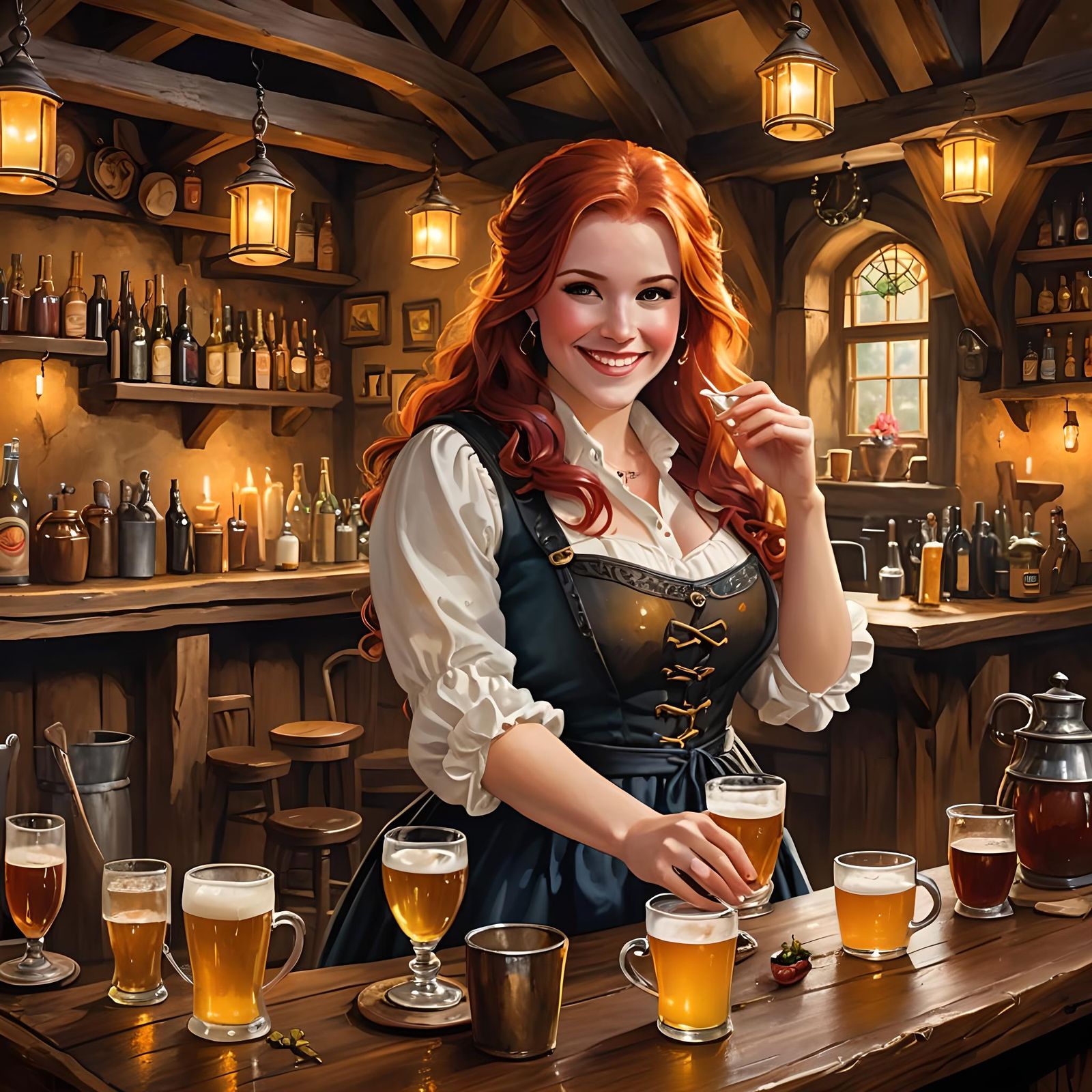 Redhead Bartender Serving Beer in Fantasy Tavern