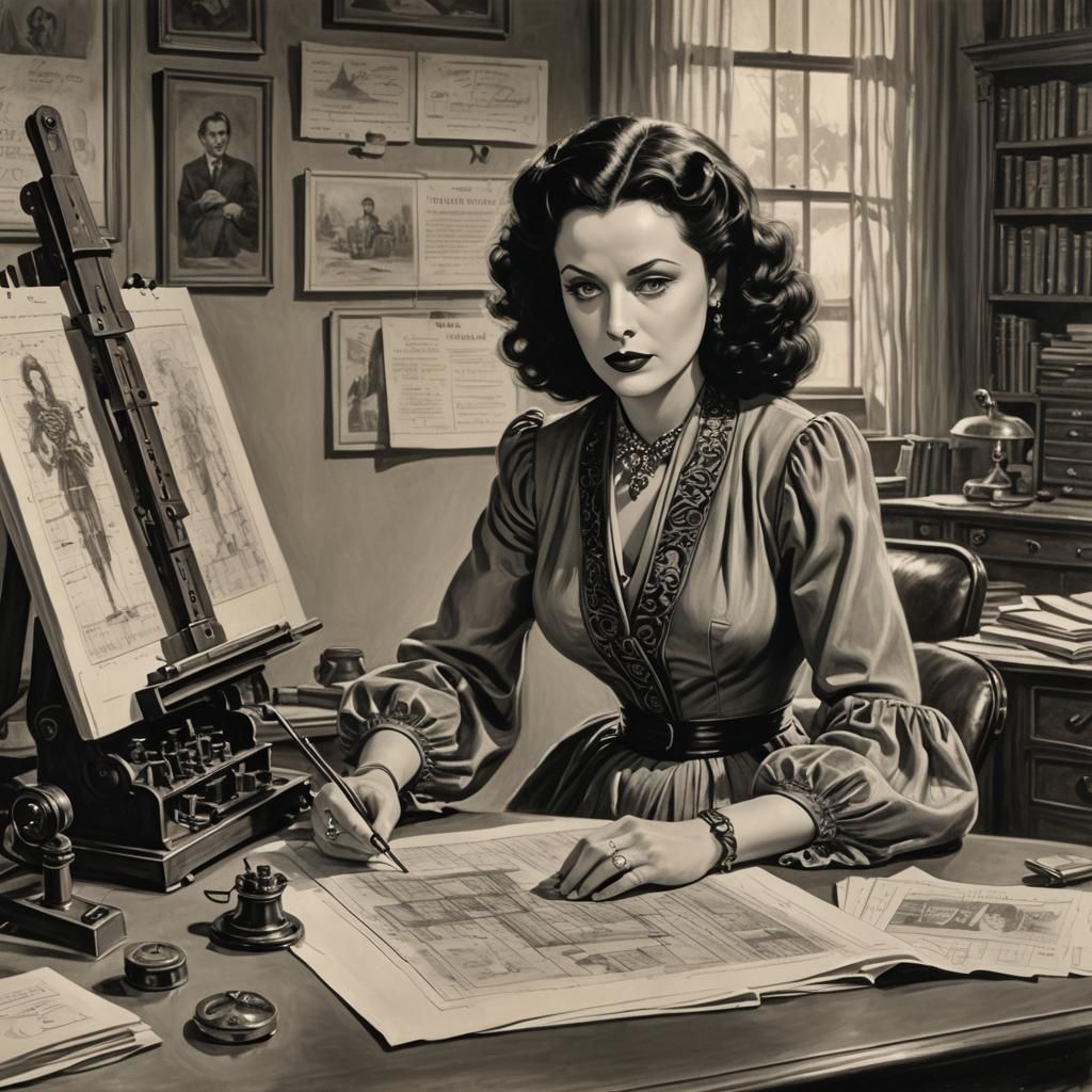 Hedy Lamarr's WiFi Invention Blueprint: Oil Painting