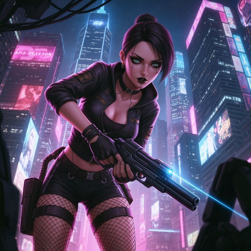 Cyberpunk Anime Girl with Gun in Neon Cityscape