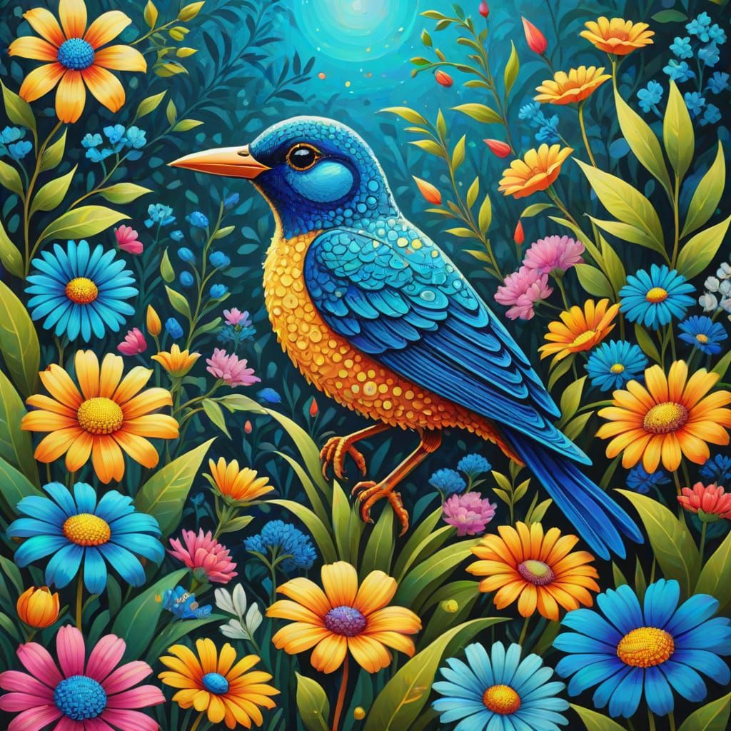 Vibrant Cubist Masterpiece with Exotic Garden and Glowing Bi...