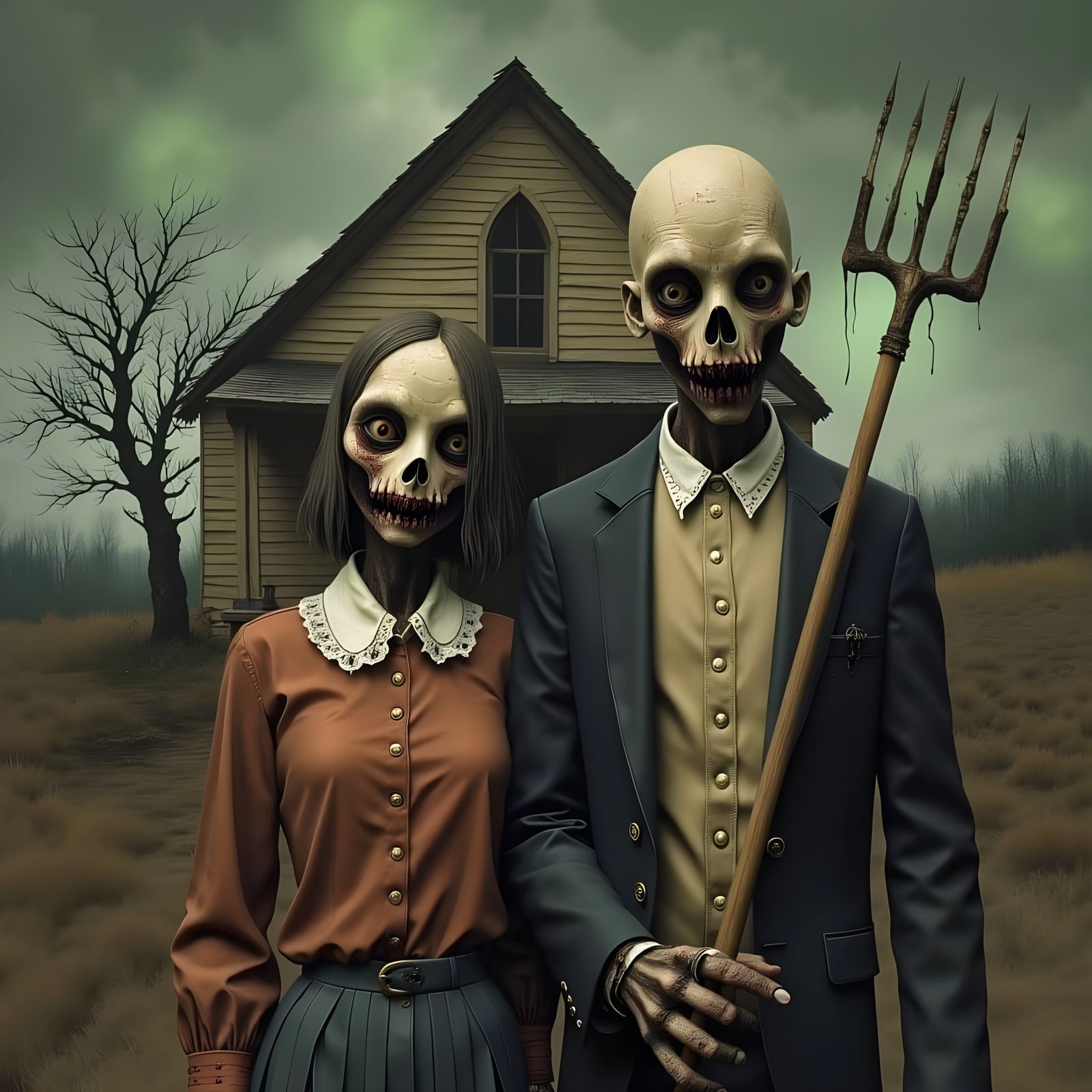 Terrifying Zombie Couple in Dark American Gothic Style
