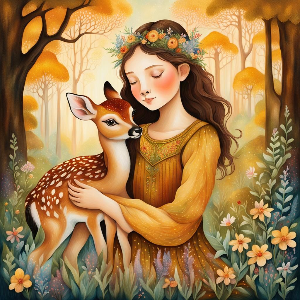 Girl and Fawn in Golden Forest, Glass Painting Style