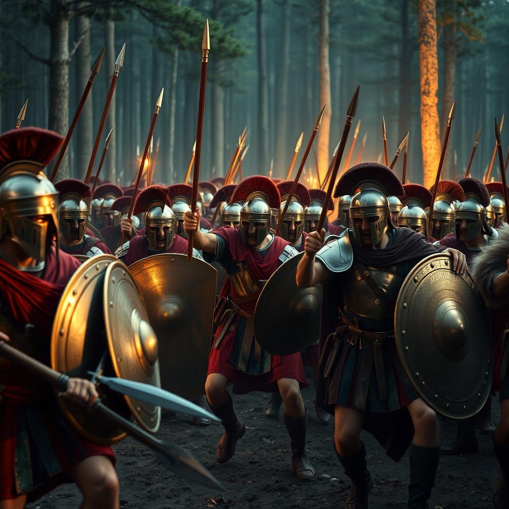 Roman Legionaries Clash with Gauls in Forest Battle