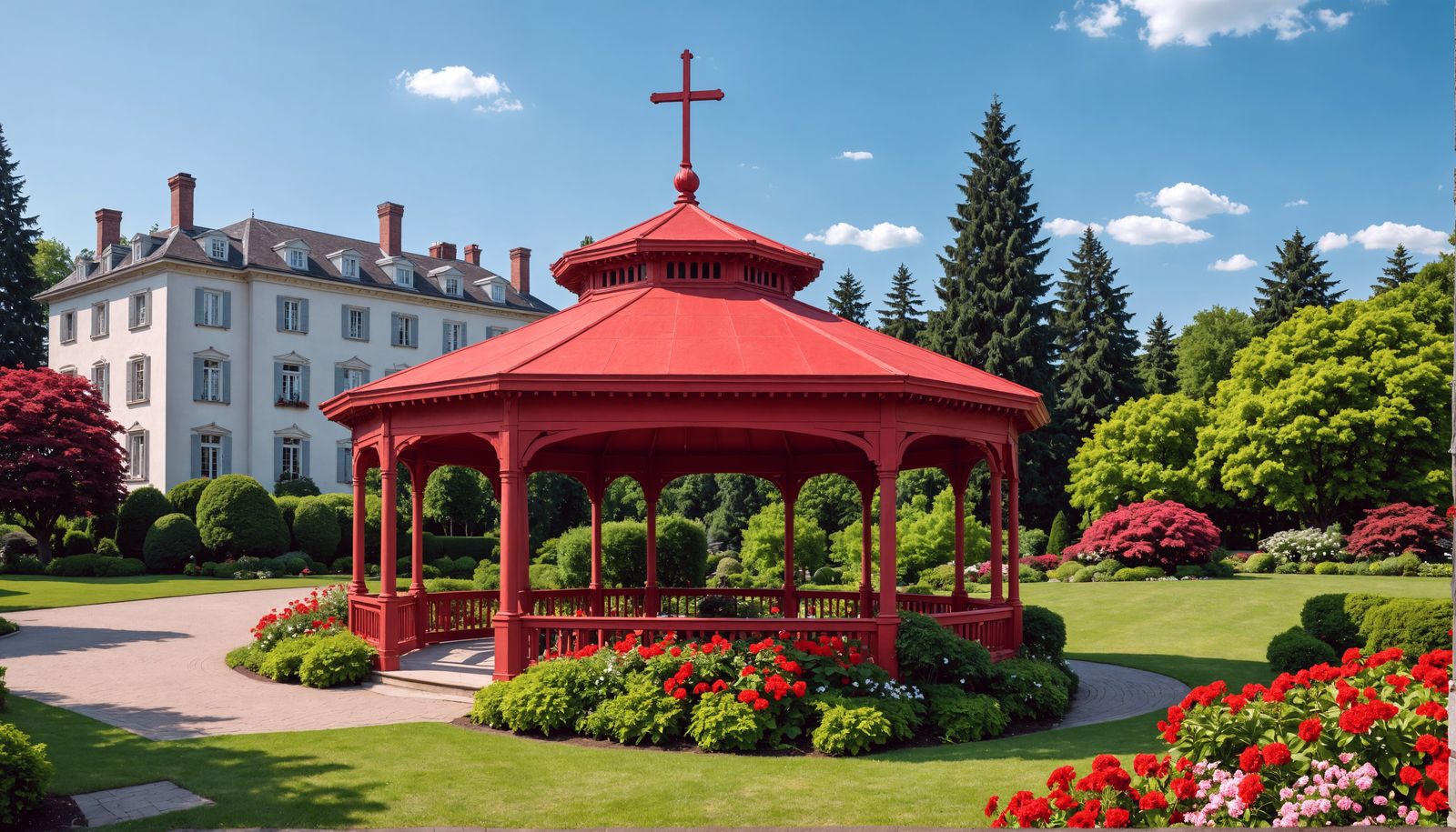 Hyperrealistic Garden Park with Red Gazebo