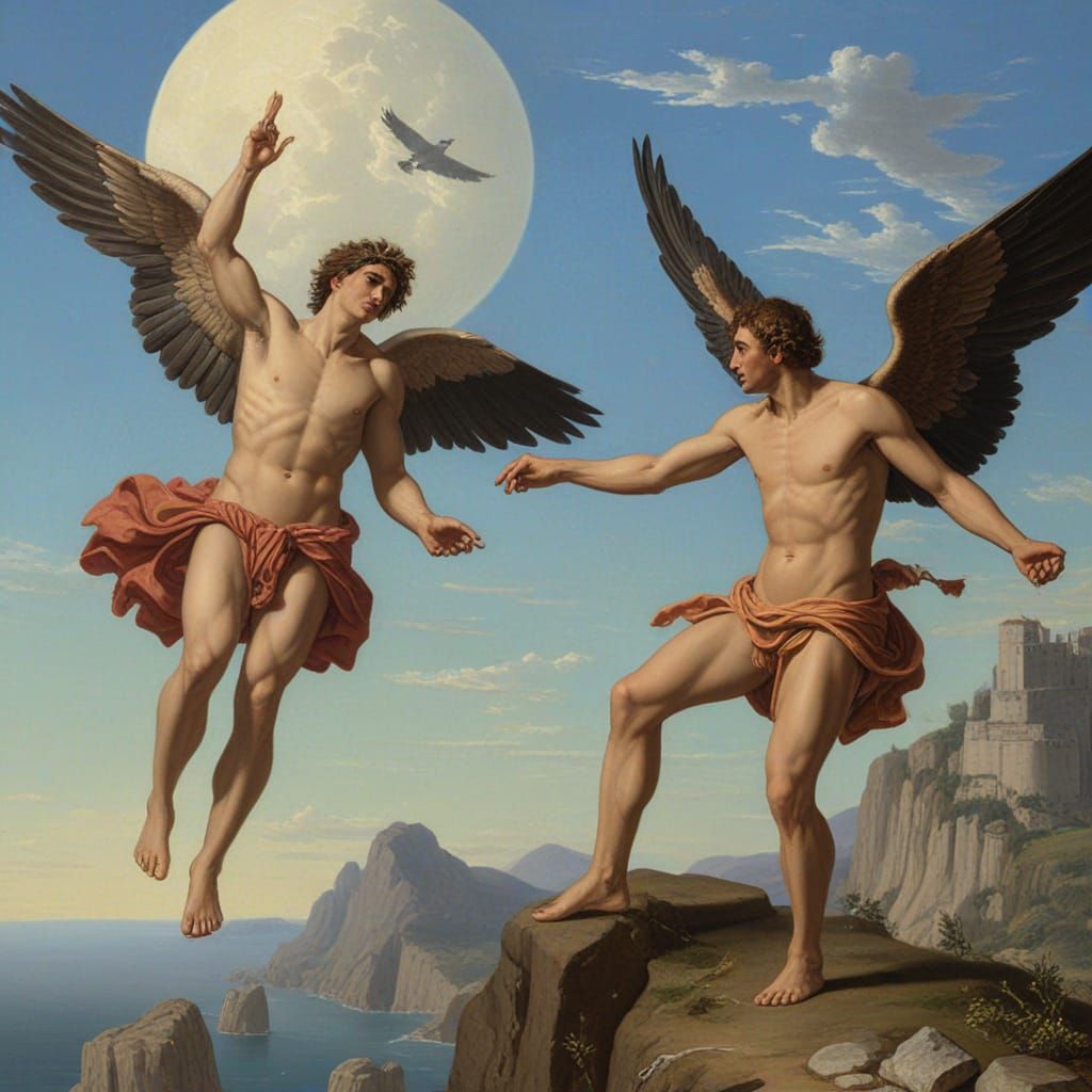 Mythical Figures Soar Above a Tropical Island in a Vibrant D...