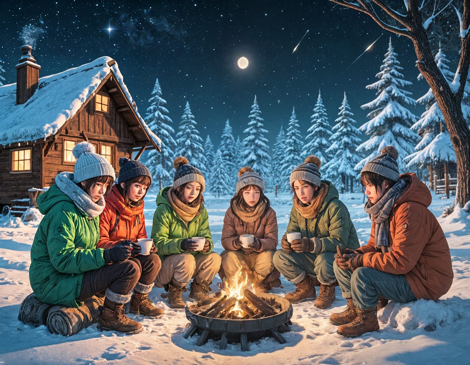 Winter Wonderland Anime Campers Gather Around a Starry Campf...