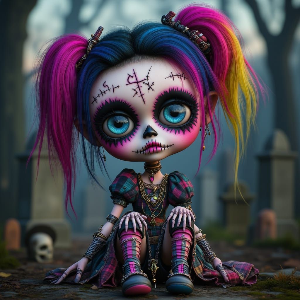 Gothic Punk Doll on Toy, Eerie Night Playground