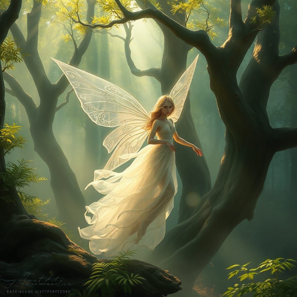Ethereal Fairy in Forest, Fantasy Art Style