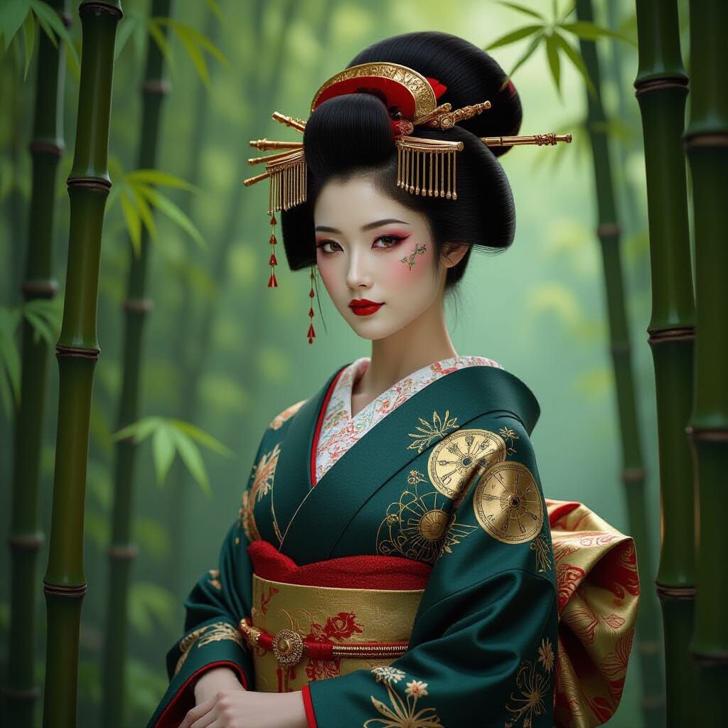 Geisha with Clockwork Tattoos in Steampunk Art Nouveau Style