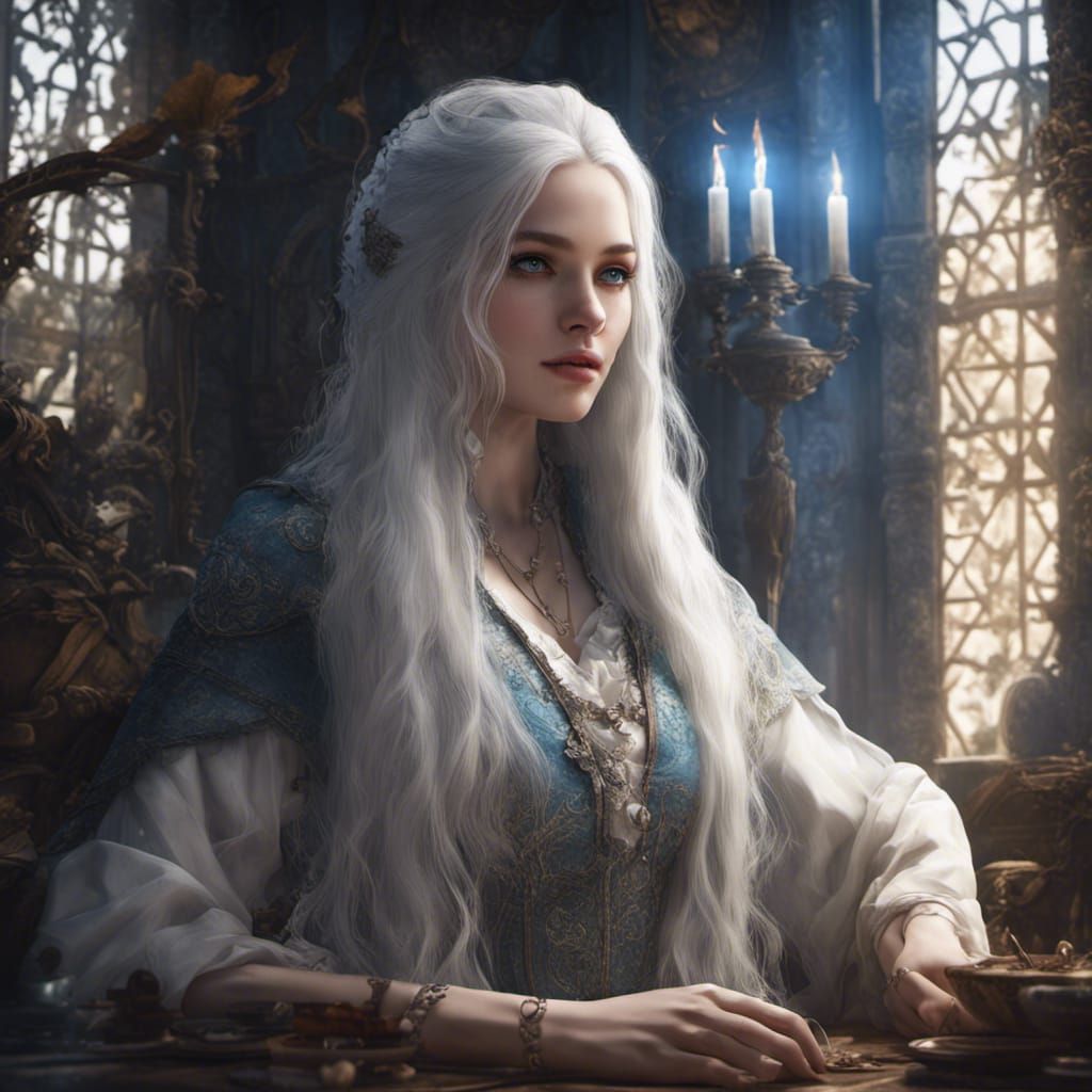 Fantasy Girl with White Hair, Digital Art