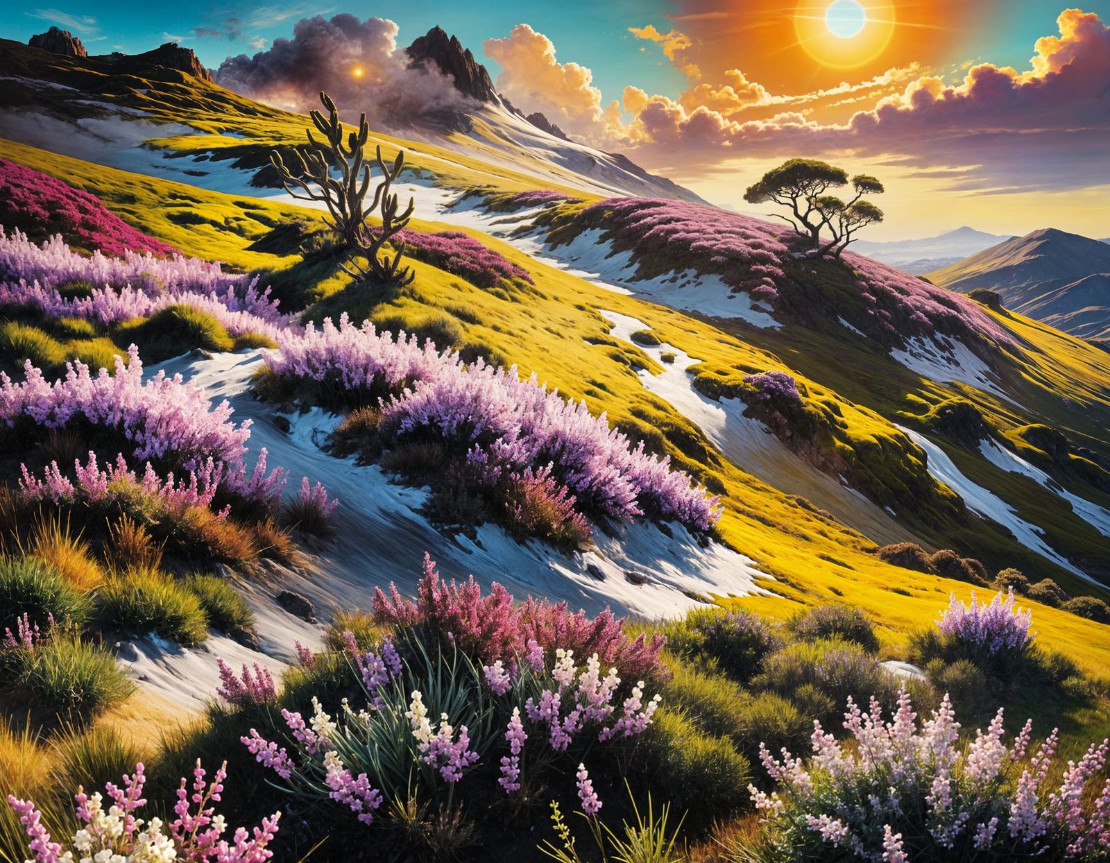 Otherworldly Alien Heather Landscape with Two Suns