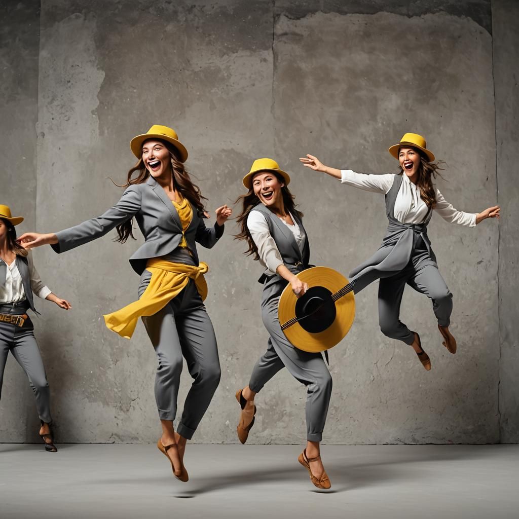 Two 30-year-old wonderful Greek women with lovely length, weave brown hair, wearing yellow fedora hats and iconic gray o...