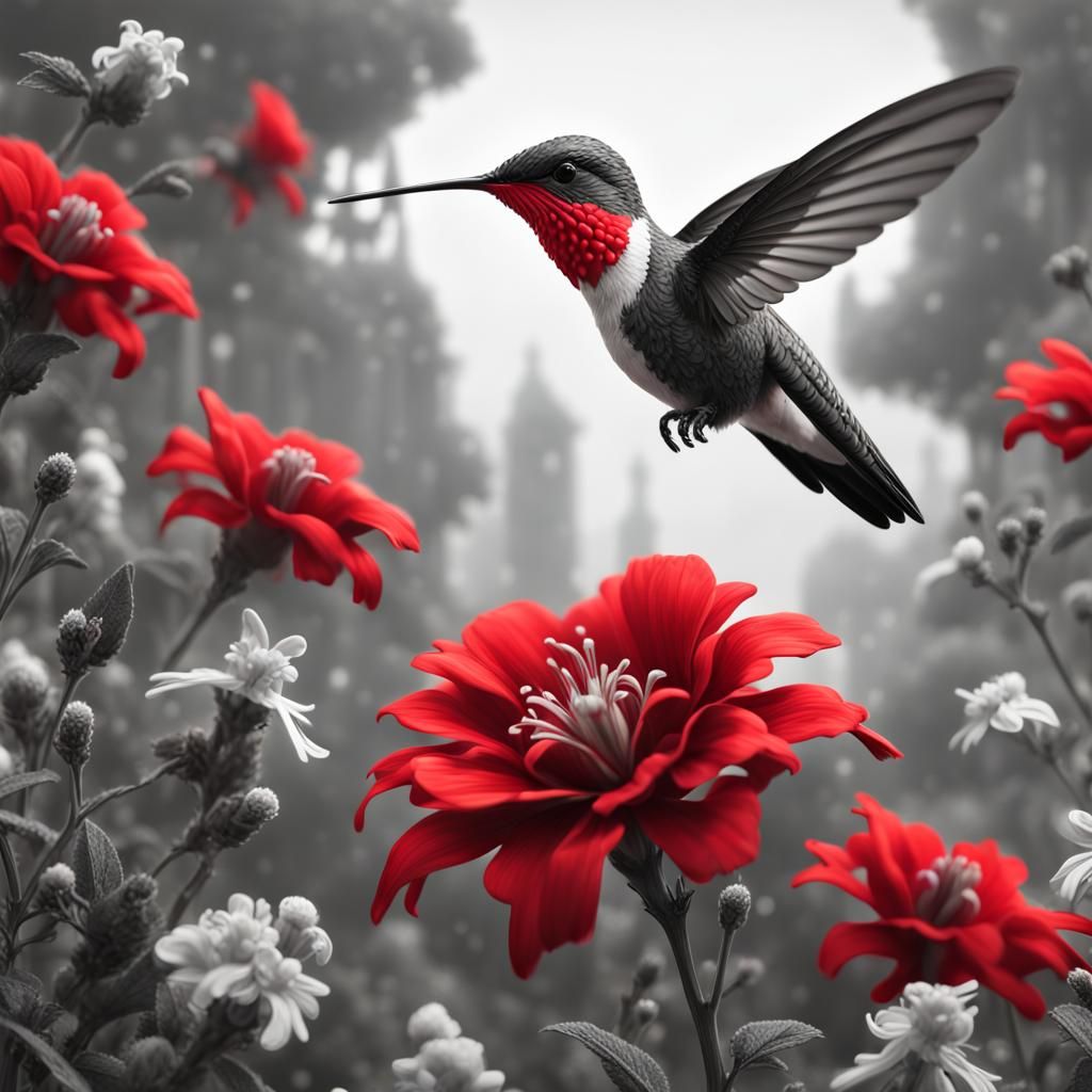 Hummingbird in Grayscale Garden: Fantasy Concept Art