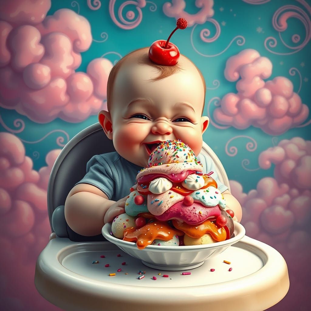 Playful Chubby Baby Devours Whimsical Ice Cream Feast in Vib...