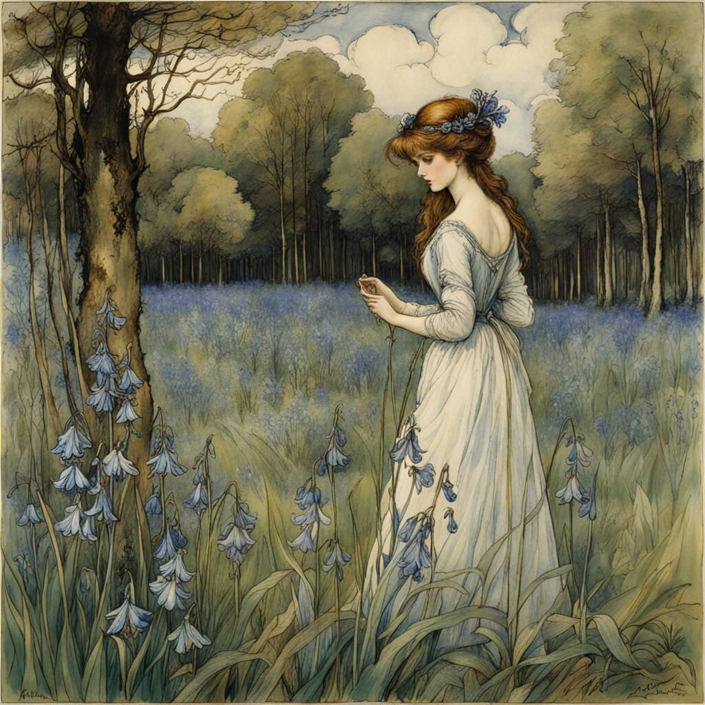 Bluebells in Meadow, Golden Age Illustration