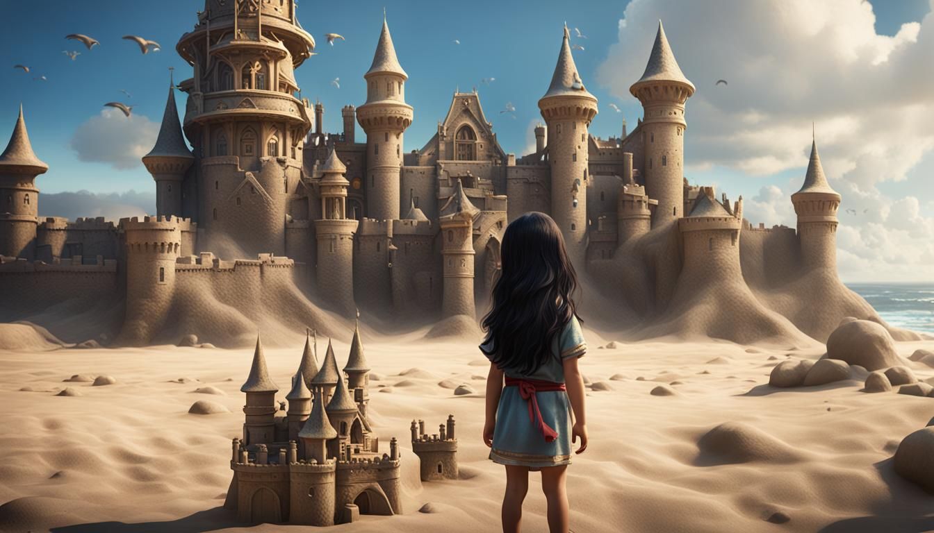 Smiling Girl With Sandcastle: Detailed Matte Painting