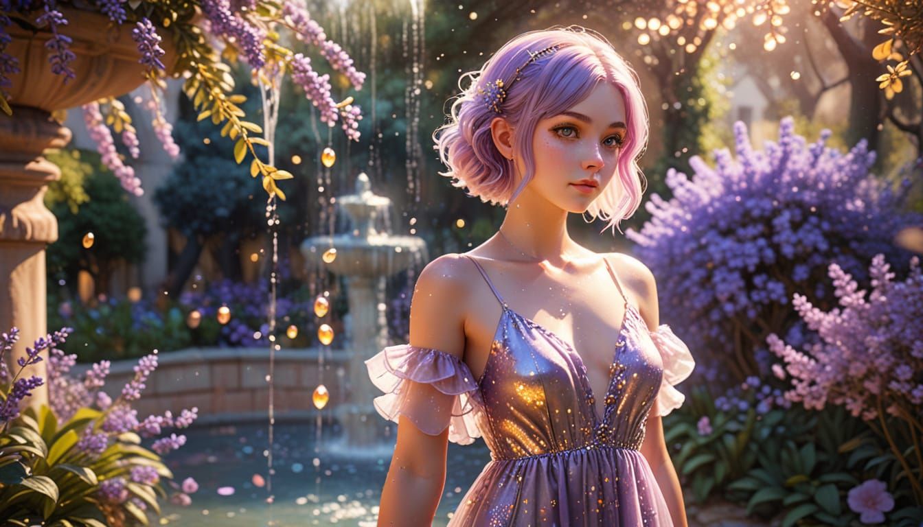 Anime Girl in Garden with Fantasy Fountain