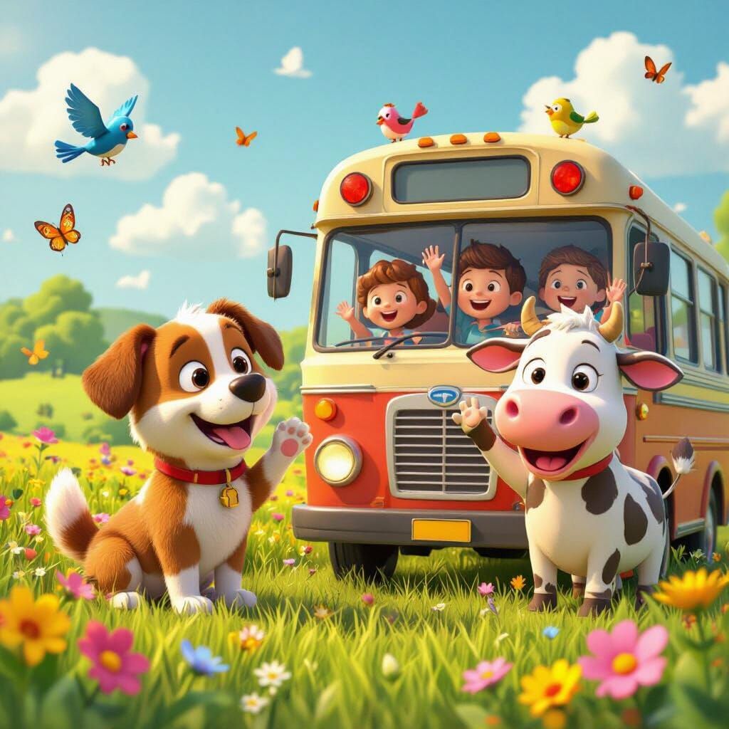 Playful Animals Waving in Sunny Countryside, 3D Animation