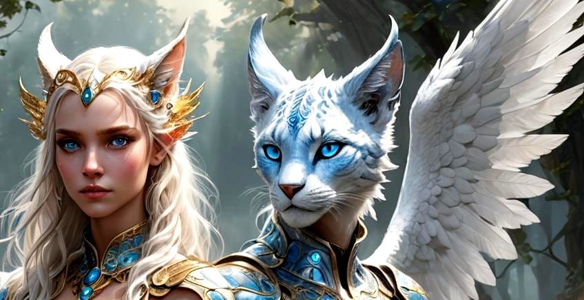 Surreal Beings of Light in Harmony, Feline and Human Winged....