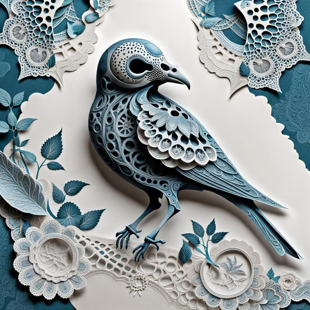 Ethereal Lace Bird Skeleton Collage