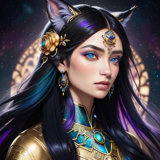 Lynx-Eared Woman in Galaxy, Surreal Digital Portrait