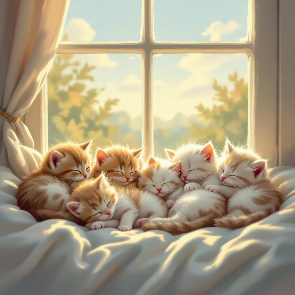 Six Tiny Kittens Sleep in Morning Sunlight