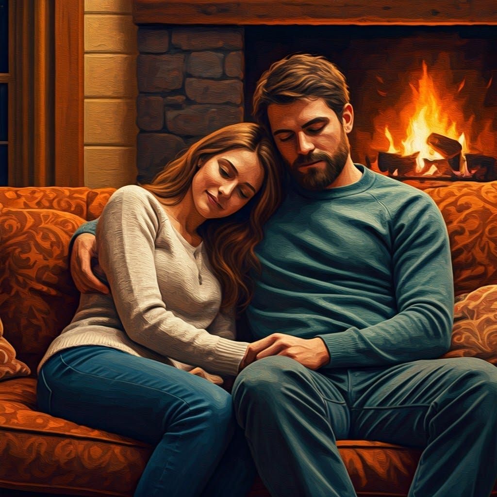 Cozy Couple by Fireplace in Impressionist Style