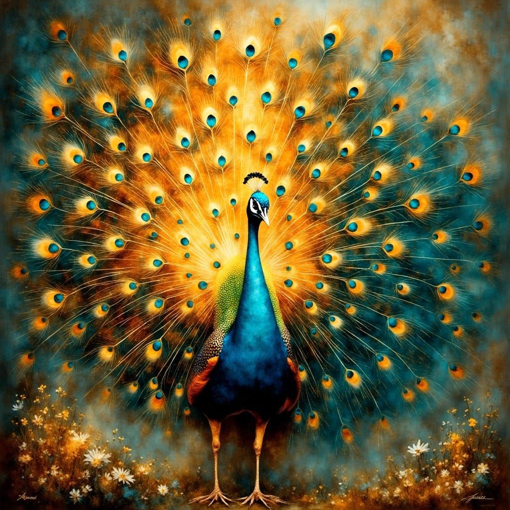Ethereal Peacock Unfurls Vibrant Plumage in Golden Light