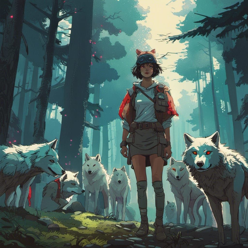 Princess Mononoke in Cyberpunk Neotokyo Forest