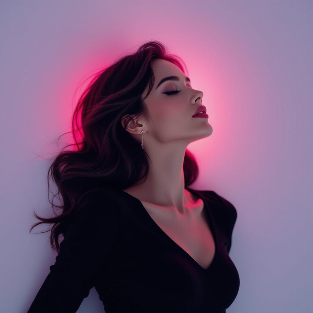 Woman Silhouetted by Pink Glow in Darkness