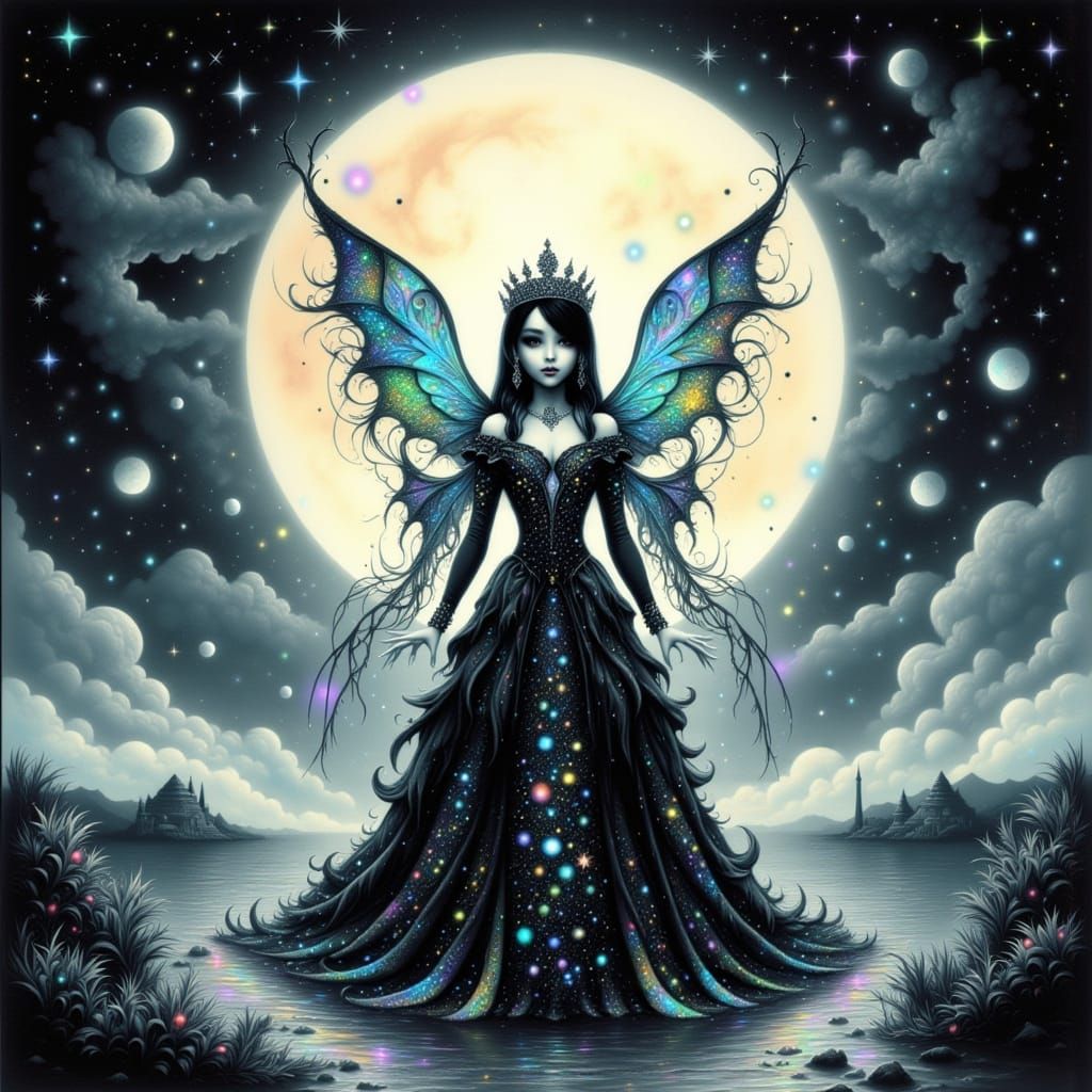 Fairy Before the Moon in Watercolor Style