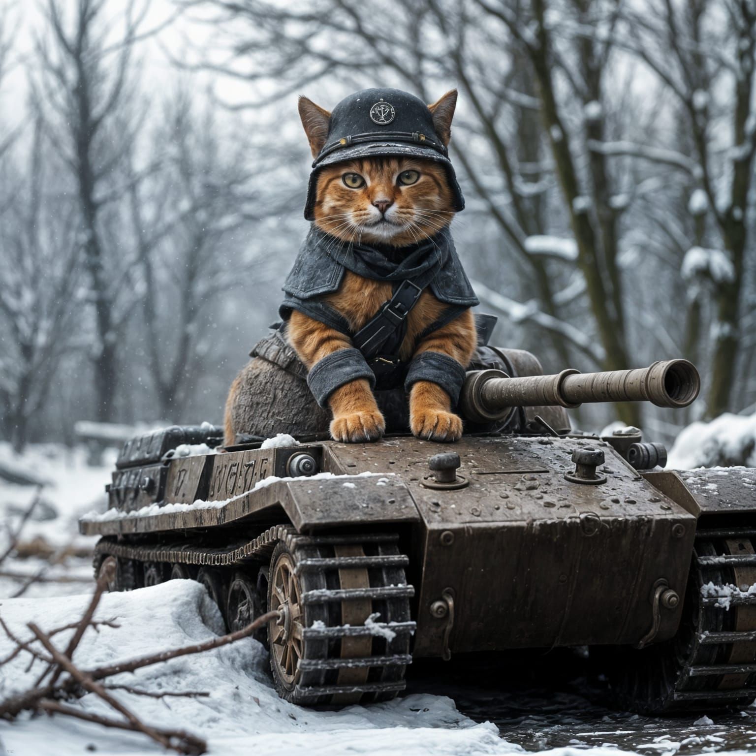 Hyperrealistic Cat Commander in War-Torn Snowy Landscape