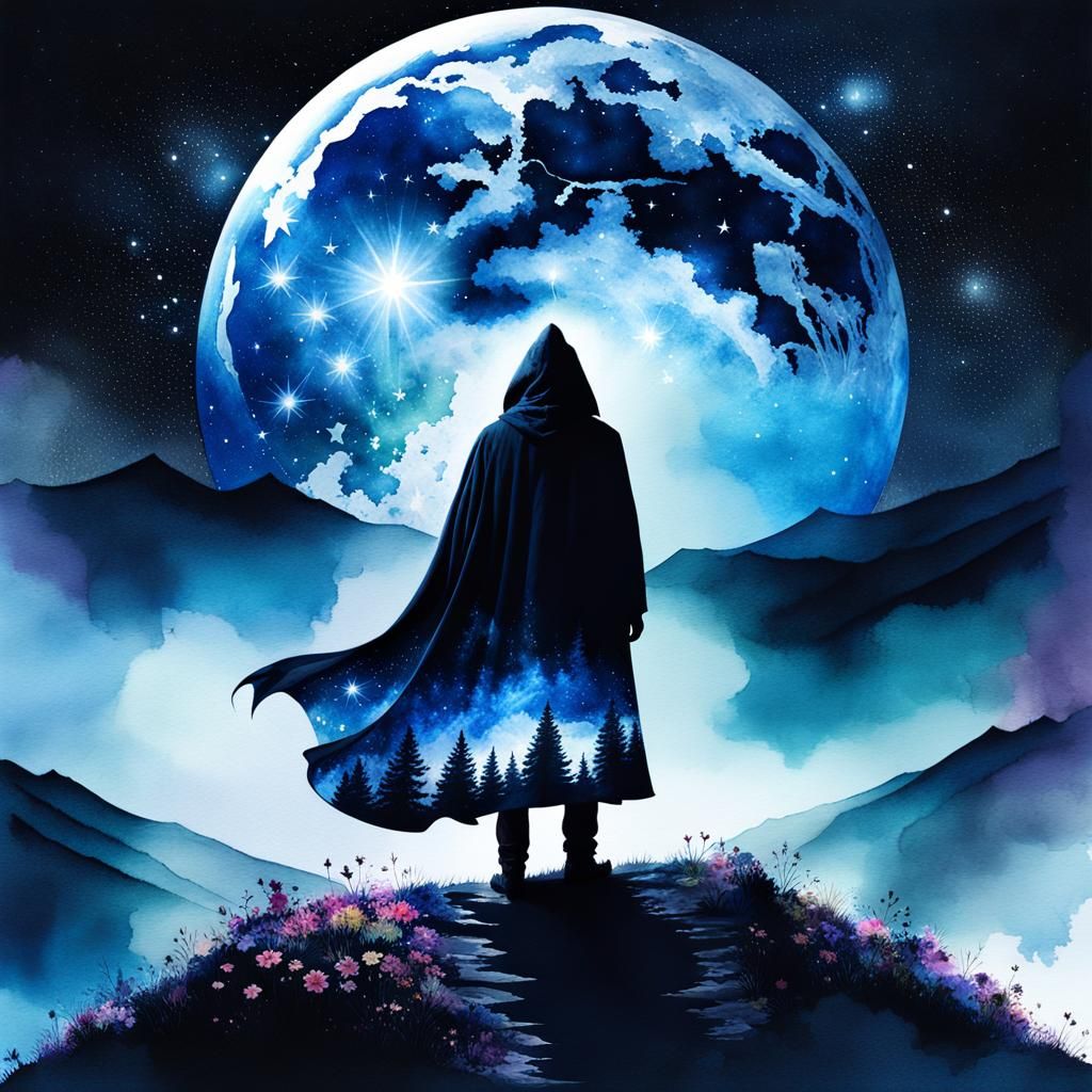 Fantasy Double Exposure Cloaked Figure Under Galaxy Moon