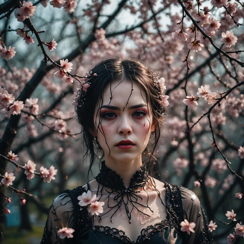 Gothic Girl Surrounded by Cherry Blossoms, Photography