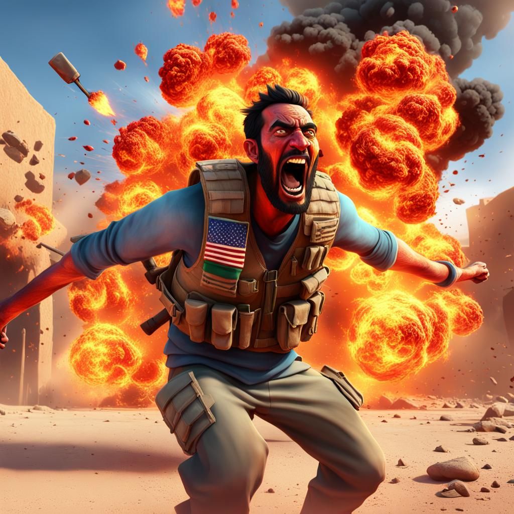 Explosive Scene: Man in Flames, 3D Digital Art