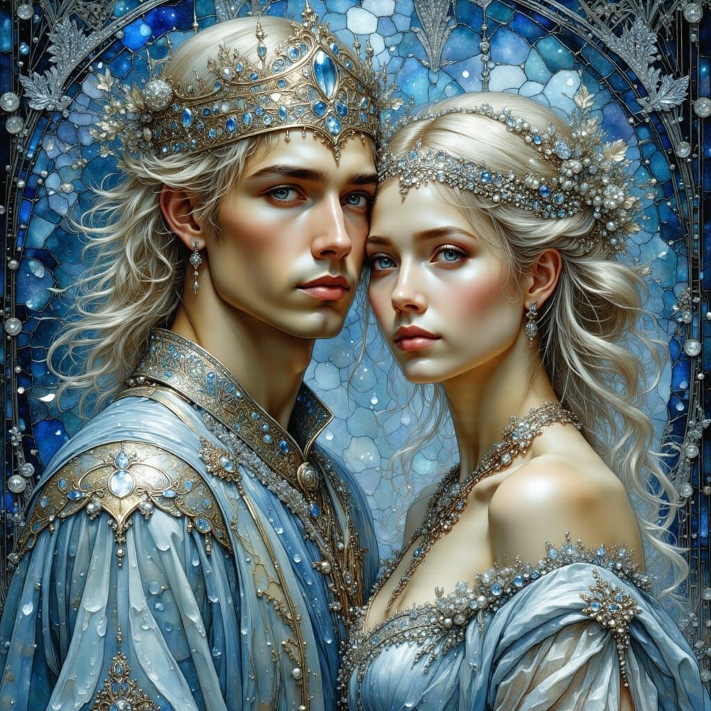Art Nouveau Couple in Moonlit Forest