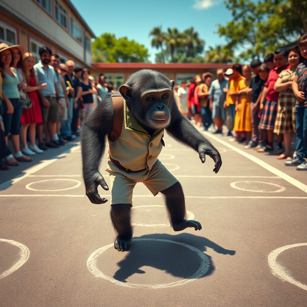 Chimpanzee Plays Hopscotch in Sunlit Playground, Photorealis...