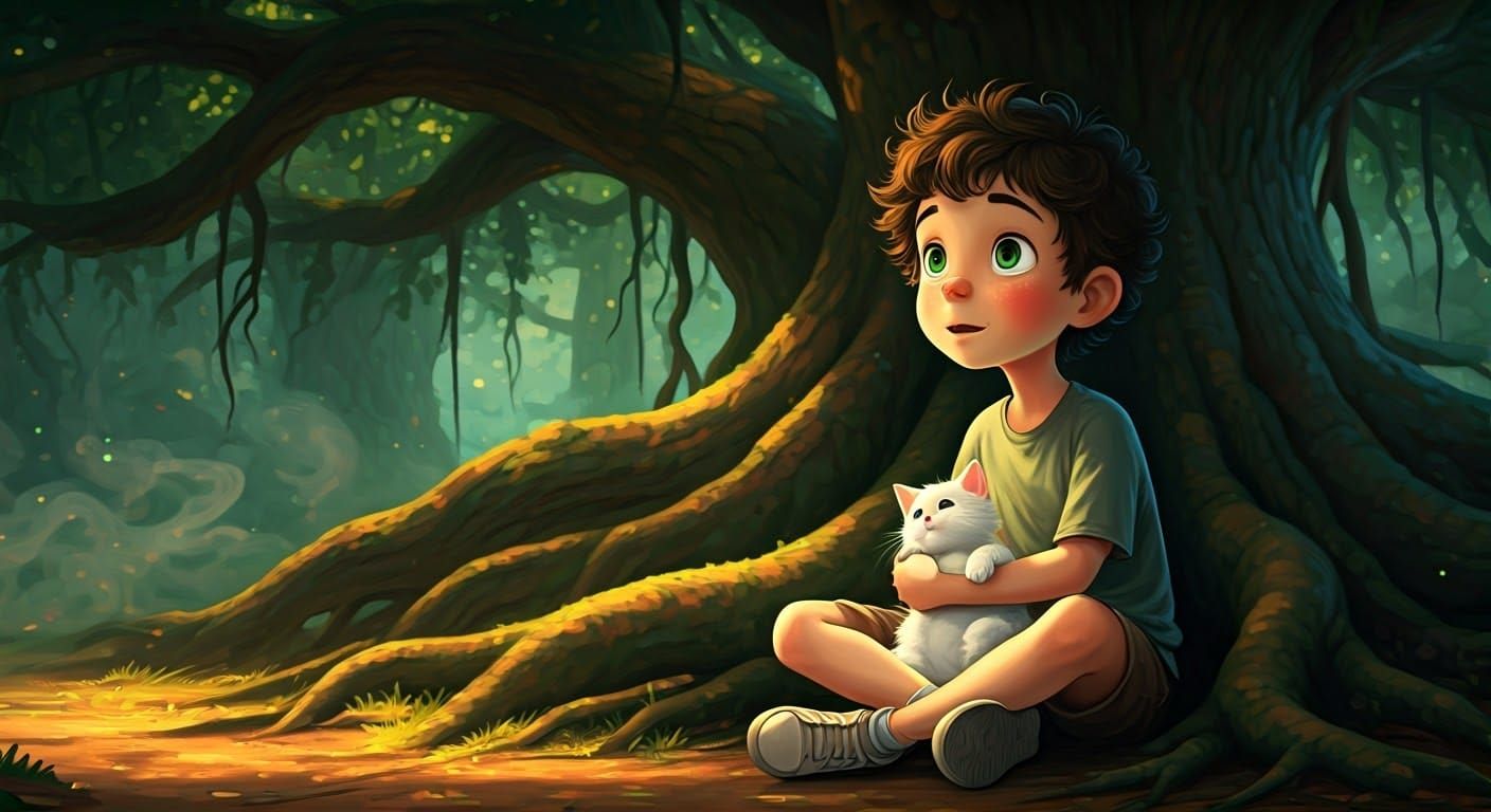 Boy and Kitten in Enchanted Forest
