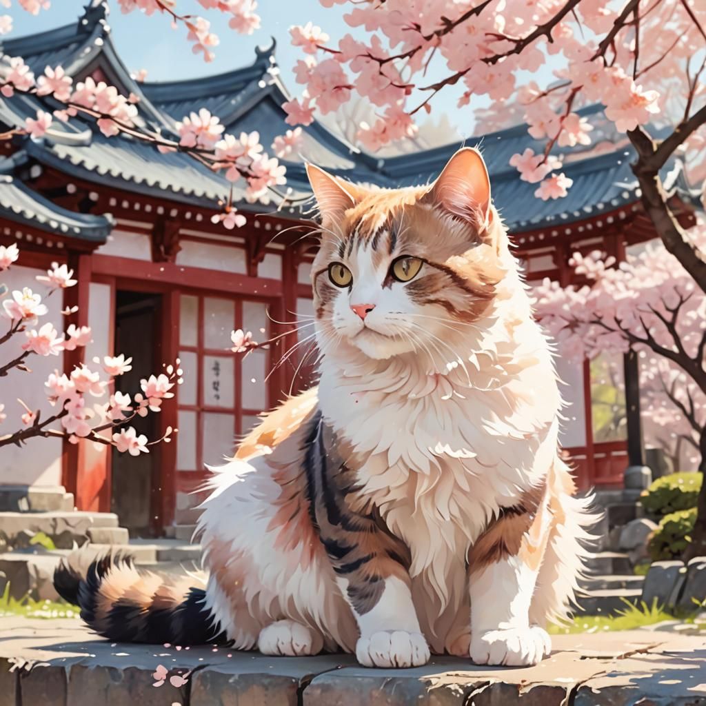 Anime Cat Playing with Cherry Blossoms