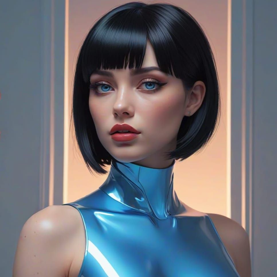 Futuristic Robot Woman in Chrome Metal, Pale Blue Lighting