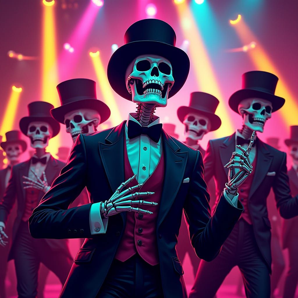 Skeletons Kick Line Under Neon Club Lights