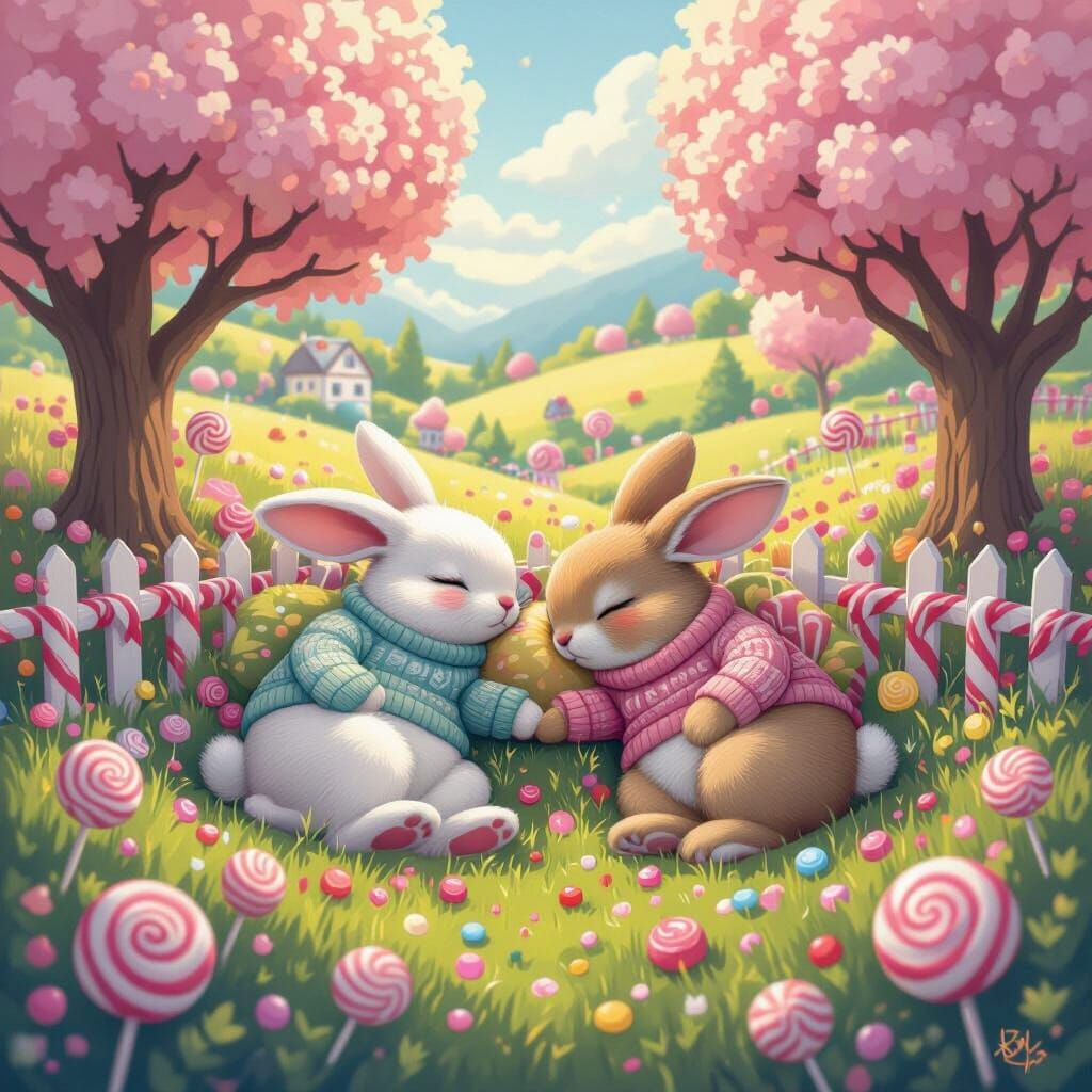 Whimsical Candy Countryside with Sleeping Bunnies